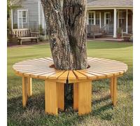 Solid Wood Outdoor Garden Bench | Weather-Resistant Slatted Patio Stool | Half Round Tree Wrap Seat | Stylish Plant Rack (Brown)