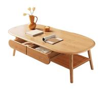 Solid Wood Oval Coffee Table for Living Room - Double-Layer Storage Sturdy Legs Rounded Corners Stylish Tea Table for Home & Office (Brass 100 * 55 * 45cm)