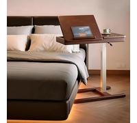 Solid Wood Overbed Bedside Table, Pneumatic Bed Tables Adjustable Over The Bed, with Tilting Top Height Tray, for Bedroom on Hospital Home Use(Brown)
