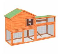 Solid Wood Rabbit Hutch with Run, Brown, 185.5x60.5x109.5 cm | 2-tier design, ramp access, wire mesh walls, water- roof, pull-out tray, suitable for guinea pigs and small pets