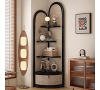 Solid Wood Rattan Triangular Cabinet, Multi-Functional 4-Tier Floor Standing Bookshelf for Living Room, Bedroom, Vintage Corner Bookcase with Rattan