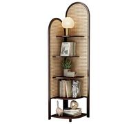 Solid Wood Rattan Triangular Cabinet, Multi-Functional Corner Shelf 4-Tier Floor Standing Bookshelf for Living Room, BedroomNatural Vintage Corner Bookshelf with Rattan Bookcase