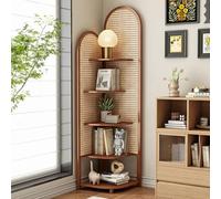 Solid Wood Rattan Triangular Cabinet, Multi-Functional Corner Shelf 4-Tier Floor Standing Bookshelf for Living Room, BedroomNatural Vintage Corner Bookshelf with Rattan Bookcase