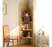 Solid Wood Rattan Triangular Cabinet, Multi-Functional Corner Shelf 4-Tier Floor Standing Bookshelf for Living Room, BedroomNatural Vintage Corner Bookshelf with Rattan Bookcase