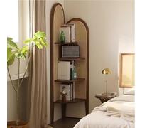 Solid Wood Rattan Triangular Cabinet, Multi-Functional Corner Shelf 4-Tier Floor Standing Bookshelf for Living Room, BedroomNatural Vintage Corner Bookshelf with Rattan Bookcase