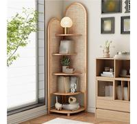 Solid Wood Rattan Triangular Cabinet, Multi-Functional Corner Shelf 4-Tier Floor Standing Bookshelf for Living Room, BedroomNatural Vintage Corner Bookshelf with Rattan Bookcase