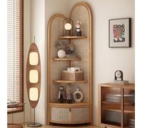 Solid Wood Rattan Triangular Cabinet, Multi-Functional Corner Shelf 4-Tier Floor Standing Bookshelf for Living Room, BedroomNatural Vintage Corner Bookshelf with Rattan Bookcase