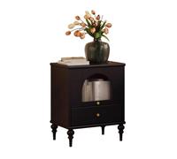 Solid Wood Retro Nightstand - Mid-Century French Bedside Cabinet with Grid Door & Drawer, Compact Storage for Bedroom Living Room Small Spaces(Black)