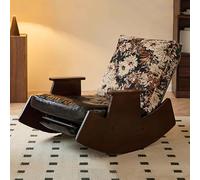 Solid Wood Rocking Recliner Chair with Adjustable Back, Vintage Lounge Chair with Faux Leather Seat and Linen Backrest for Living Room and Balcony