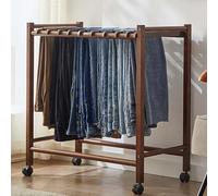 Solid Wood Rolling Trousers Rack with Wheels - Freestanding Metal Garment Organizer, Floor Standing Clothing Storage for Bedroom & Laundry Room, Ideal for Pants, Scarves & Skirts