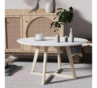 Solid Wood Round Coffee Table with Bow-Wood Base Leg, Center Circle Table for Small Living Room - Modern Office Side Table