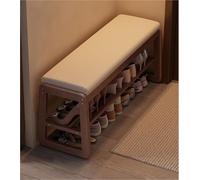 Solid wood shoe bench with faux leather cushion, 2-tier storage, mid-century modern style entryway bench, shoe rack for hallway, living room, foot of bed, ottoman, organizer, solid construction (brown