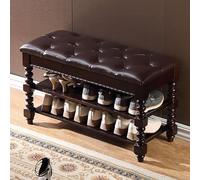 Solid Wood Shoe Bench with Leather Cushion, 3-Tier Vintage Shoe Rack for Entryway, Hallway & Living Room - Rustic Design, Roman Legs, Brown (24x14x19 inches)