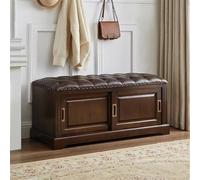 Solid Wood Shoe Cabinet with Storage and Leather Padded Bench for Entryway, Slide Door Design, 23.6in Shoe Changing Bench, Walnut Finish