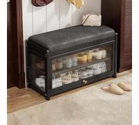Solid Wood Shoe Storage Bench with Cushion, 2 Tier Entryway Organizer, 330 lb Capacity for Hallway Bedroom Mudroom
