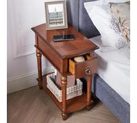 Solid Wood Side Table with Drawer and Storage Shelf, Narrow End Table for Bedroom or Living Room, Mid-Century Modern Design