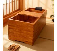 Solid Wood Soaking Tub, Full Body Bath Spa Barrel with Headrest, Inner Stool, Shelf & Drain, Handcrafted Deep Bathtub for Home Sauna, 1.2M