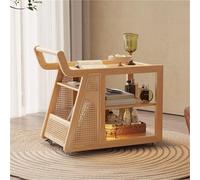 Solid Wood Sofa Side Table Small Cart Side Cabinet Rattan Kitchen Island Cart On Wheels Narrow End Tables Corner Desk Movable Tea Table Desk(Natural)