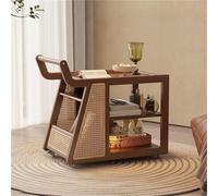 Solid Wood Sofa Side Table Small Cart Side Cabinet Rattan Kitchen Island Cart On Wheels Narrow End Tables Corner Desk Movable Tea Table Desk(Natural)