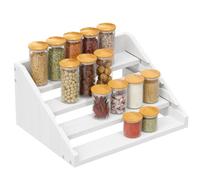 Solid Wood Spice Rack Organizer for Countertop & Cabinet, 4 Tier Adjustable Wooden Spice Shelf with Sliding Track, Premium Step Seasoning Bottle Holder for Kitchen, Cupboard, Pantry & Office, White