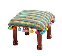 Solid Wood Square Footstool Ethnic Style Flannel Low Stool Creative Couch Seat Comfortable Shoe Changing Stool Versatile Footrest for Living Room & Patio