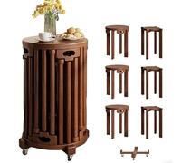 Solid Wood Stackable Stool - Multi-functional Round Side Table with Wheels, Space-Saving Vintage Nesting Stool for Home, Retro Movable Accent Table