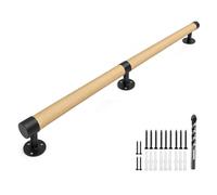 Solid Wood Stair il - 7FT Indoor Wall-Mounted Railing with Metal Brackets Non-Slip Round Banister for Kids & Elderly Ideal for Basement Porch & Hallway