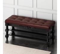 Solid Wood Stool with Leather 3-Tier Tufted Seating, Lar Capaci Sto Bench & Shoe Rack for Living Room, Bedroom, Entryway - Brown 90x30x48cm (35x12x19in)