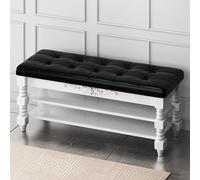 Solid Wood Stool with Leather - 3-Tier Tufted Sto Bench for Living Room, Bedroom, Entryway - Lar Capaci Shoe Rack - Brown 90x30x48cm (35x12x19inch)