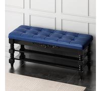 Solid Wood Stool with Leather Tufted Seating - Lar Capaci Sto Bench & Shoe Rack for Living Room, Bedroom, Entryway - Brown 90x30x48cm (35x12x19inch)