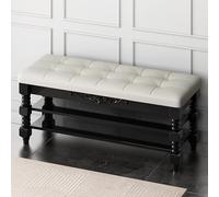 Solid Wood Stool with Leather Tufted Seating, Lar Capaci Sto Bench & Shoe Rack for Living Room, Bedroom, Entryway - Brown 90x30x48cm (35x12x19in)