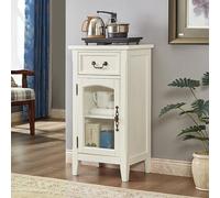 Solid Wood Storage Cabinet, Freestanding Narrow Side Table with Glass Doors & Drawer, Farmhouse Style for Small Spaces