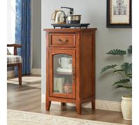 Solid Wood Storage Cabinet, Freestanding Narrow Side Table with Glass Doors & Drawer, Farmhouse Style for Small Spaces