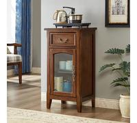 Solid Wood Storage Cabinet, Freestanding Narrow Side Table with Glass Doors & Drawer, Farmhouse Style for Small Spaces