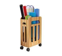 Solid Wood Storage Organizer Home Gym Yoga Mat Basket with Wheels, for Foam Roller Badminton Rackets Baseball Bats, Home Gym Decor(Brown)