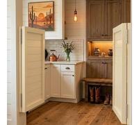 Solid Wood Swinging Saloon Doors with Hinges, 70/80/90/100/110/120/130/140/150cm Louvered Cafe Door, Auto Close Porch Partition Door for Kitchen Bar Hallway Entrance(Off-White,W136 cm X H100cm)