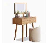 Solid Wood Vanity with LED Lights Large Stool Small Drawers Natural Finish Makeup Table Set for Bedroom Stylish Dressing Table with Mirror