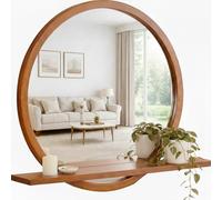 Solid Wood Wall Mirror with Shelf - Round Wood Frame Mirror for Entryway, Bathroom or Living Room - Handcrafted Look - 24 Inch