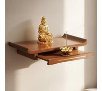 Solid Wood Wall Mounted Altar Shelf with Pull-Out Drawer, Hand-Carved Personal Buddha Shrine for Incense, Pooja, Meditation, Prayer, Home Wall Decor & Storage