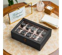 Solid Wood Watch Box Case with 12 Slots, Glass Lid, Gift Idea, Ebony Black / 10 Slots