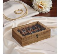 Solid Wood Watch Box Case with 12 Slots, Glass Lid, Gift Idea, Rustic Walnut / 10 Slots