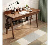 Solid Wood Writing Desk, Home Office Computer Desk with Drawers and Storage Shelf, Mid Century Study Workstation