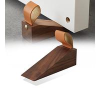Solid Wooden Door Stopper, Walnut Security Door Non-Slip Stops with Hanging PU Band for Home Room Office, Fit for Door Bottom Seam 0.2" - 1"