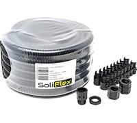 SoliFlex Flexible Conduit Outdoor Cable Contractor Pack IP40 10M Coil - Underground Burial, External Trunking, Electrical Ducting, Hose Pipe Wire Protection. w/Fittings - 10 Glands and Locknuts (M32)