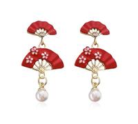 Solighter Red Fan Pearl Stud Earrings for Women Retro Ethnic Small Fan Tassel Dangle Drop Earrings Chinese New Years Jewelry, L, Alloy Steel, No Gemstone