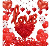 Solihigh Valentines Decorations, Anniversary Balloons Decorations- Red Heart Balloon Love Red Balloons mit Fake Rose Petals, Heart Hanging String for Valentines, Anniversary, Proposal, Wedding Party