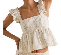SOLILOQUY Women's Y2K Gingham Babydoll Tank Top Flutter Sleeve Square Neck Bowknot Tie Back Peplum Crop Milkmaid Vest Shirt, White, S