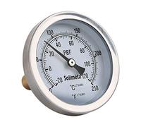 Solimeta Hot Water, Pot, Brewing Dial Thermometer, 2-1/2" Dial, 1-3/4" Lead-Free Brass Stem, 304SS case, Range 0-250 deg F/-20-120 deg C, +/-2% Accuracy, Adjustable, 1/2" NPT Back Mount