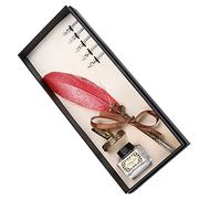 Solinder Feather Pen Set Vintage Retro Stainless Steel Writing Kit for Signature Gift Table Decor for Gothic & Italian Calligraphy Practice, 1-5mm Flat Nib, Ideal Couples & Elders (Red)