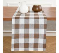 Solino Home Linen Plaid Table Runner 144 Inches Long - 100% Pure Linen Coco Brown and White Buffalo Check Extra Long Table Runner 14 x 144 Inch Ideal for Dining, Fall